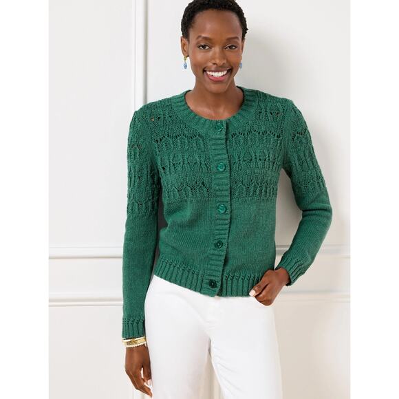 Talbots Pointelle Stitch Cardigan Sweater Women Size L Heritage Green Cotton NWT - Picture 1 of 10